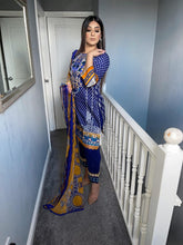 Load image into Gallery viewer, 3 pcs Stitched Blue lawn shalwar Suit Ready to Wear with chiffon dupatta AJ-D03

