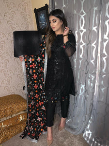 3pc Black with Black Phulkari Dupatta Shalwar Kameez Stitched Suit Ready to wear