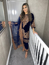Load image into Gallery viewer, 3pc Navy Velvet Embroidered Shalwar Kameez Stitched Suit Ready to wear LIB-NAVYVELVET
