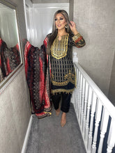Load image into Gallery viewer, 3 pcs BLACK Lilen shalwar Suit Ready to Wear with chiffon dupatta winter MB-170A

