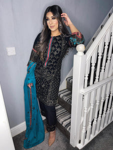 3pc Black chiffon Embroidered Shalwar Kameez with Blue Chiffon Dupatta Stitched Suit Ready to wear UQ-BLACKBLUE