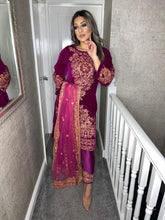 Load image into Gallery viewer, 3pc Purple Velvet Embroidered Shalwar Kameez Stitched Suit Ready to wear HW-PURPLEVELVET
