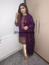 Load image into Gallery viewer, 3pc purple Embroidered with Gold trouser Shalwar Kameez Stitched Suit Ready to wear
