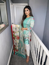 Load image into Gallery viewer, 3 pcs Stitched Sea Green and White lawn shalwar Suit Ready to Wear with chiffon dupatta MB-2115A
