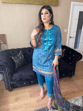 Load image into Gallery viewer, 3 pcs Stitched Blue shalwar Suit Ready to wear lawn summer Wear with chiffon dupatta CS-BLUE
