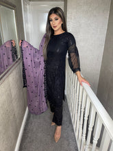 Load image into Gallery viewer, 3pc Black with purple Chiffon Dupatta Shalwar Kameez Stitched Suit Ready to wear JF-BLACKPURPLE

