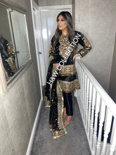 Load image into Gallery viewer, 3pc BLACK Net Peplum Frock Embroidered Shalwar Kameez with Net dupatta Stitched Suit Ready to wear HW-ATBLACK
