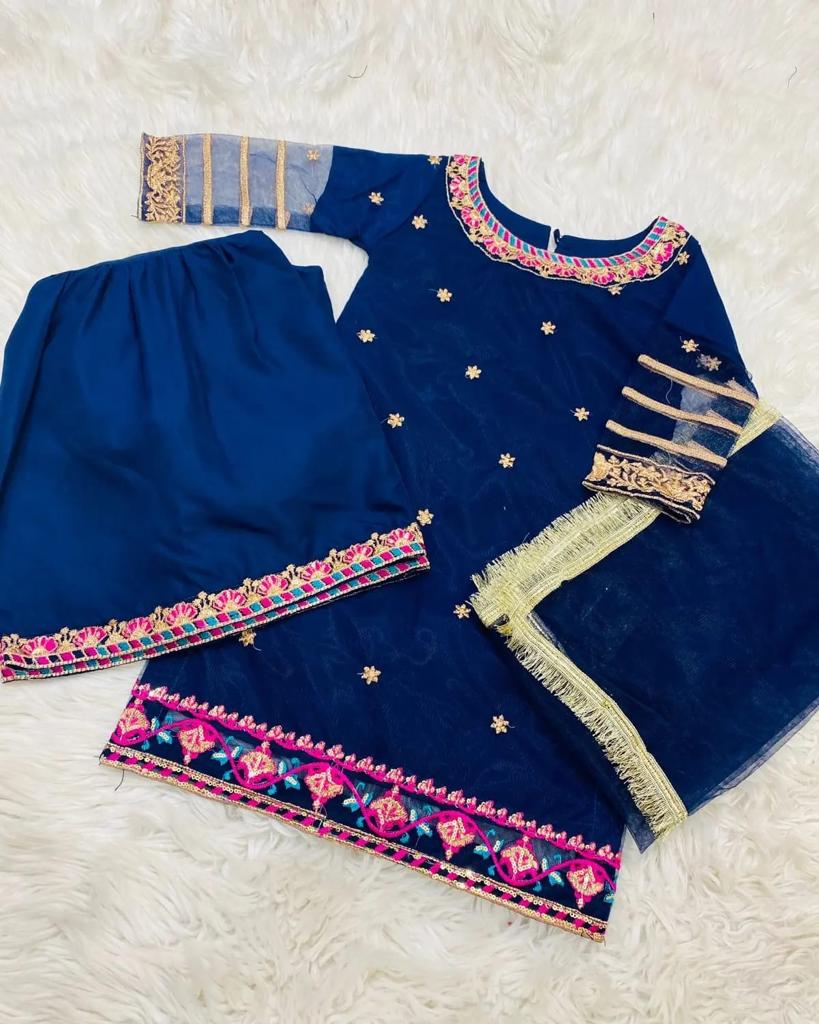 3pc Navy kids chiffon Embroidered Ghrara Shalwar Kameez with Net