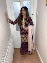Load image into Gallery viewer, 3pc Purple Shrara suit with pink chiffon dupatta Embroidered Stitched Suit Ready to wear
