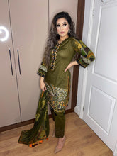 Load image into Gallery viewer, 3 pcs Stitched Olive Green lawn shalwar Suit Ready to Wear with chiffon dupatta FRSH-D06
