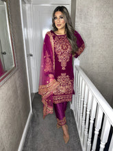Load image into Gallery viewer, 3pc Purple Velvet Embroidered Shalwar Kameez Stitched Suit Ready to wear HW-PURPLEVELVET
