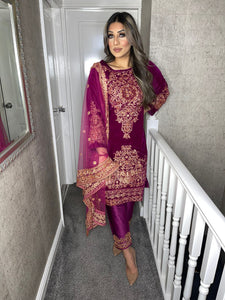 3pc Purple Velvet Embroidered Shalwar Kameez Stitched Suit Ready to wear HW-PURPLEVELVET