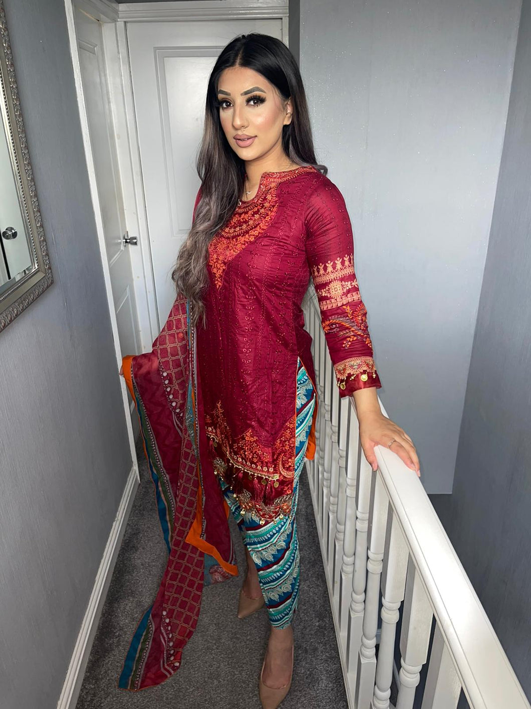 3 pcs Stitched Maroon lawn shalwar Suit Ready to Wear with chiffon dupatta MB-2113B