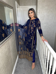 3pc NAVY Velvet Embroidered Shalwar Kameez Stitched Suit Ready to wear HW-5202B