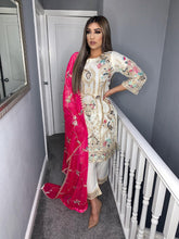 Load image into Gallery viewer, 3pc White Embroidered suit with Pink Chiffon dupatta Embroidered Stitched Suit Ready to wear U-WHITE

