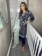 Load image into Gallery viewer, 3pc Navy Embroidered suit with Mint Green dupatta Stitched Suit Ready to wear HW-1650
