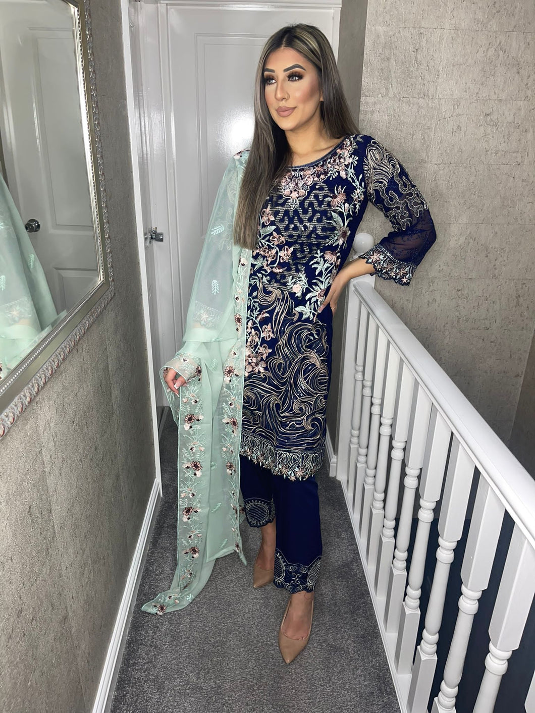 3pc Navy Embroidered suit with Mint Green dupatta Stitched Suit Ready to wear HW-1650