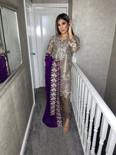 Load image into Gallery viewer, 3pc GREY Embroidered suit with purple chiffon dupatta Embroidered Stitched Suit Ready to wear UQ-GREYPURPLE
