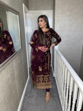 Load image into Gallery viewer, 3pc PLUM Velvet Embroidered Shalwar Kameez Stitched Suit Ready to wear HW-5202D
