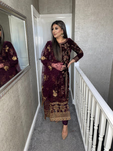3pc PLUM Velvet Embroidered Shalwar Kameez Stitched Suit Ready to wear HW-5202D