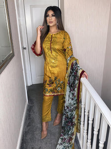 3 pcs Stitched  Mustard Lawn suit with chiffon Dupatta Ready to wear for summer D-01